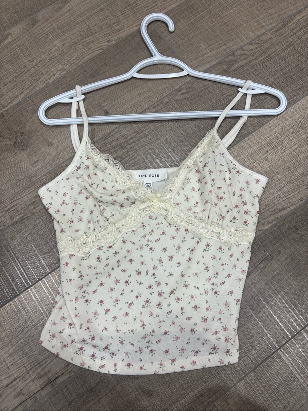 Pink Rose Cream Cami with Pink Floral Print and Lace Trim